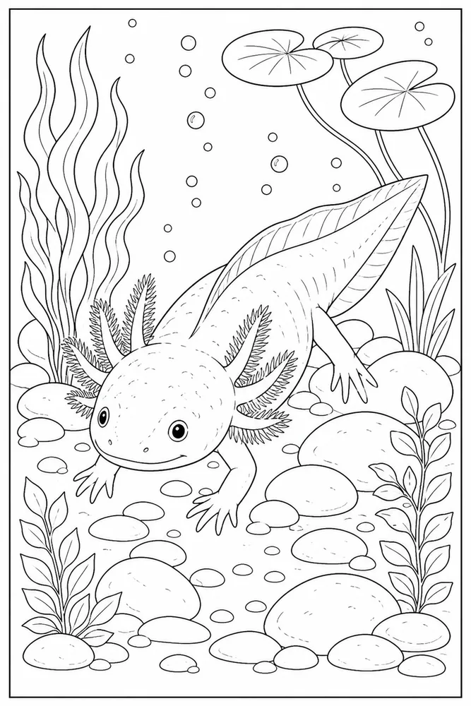 Realistic Axolotl Realistic axolotl bubble pond coloring page