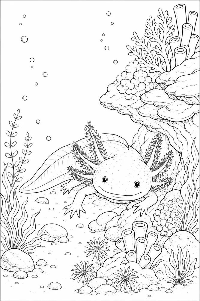 Realistic Axolotl Realistic axolotl coral corner coloring page