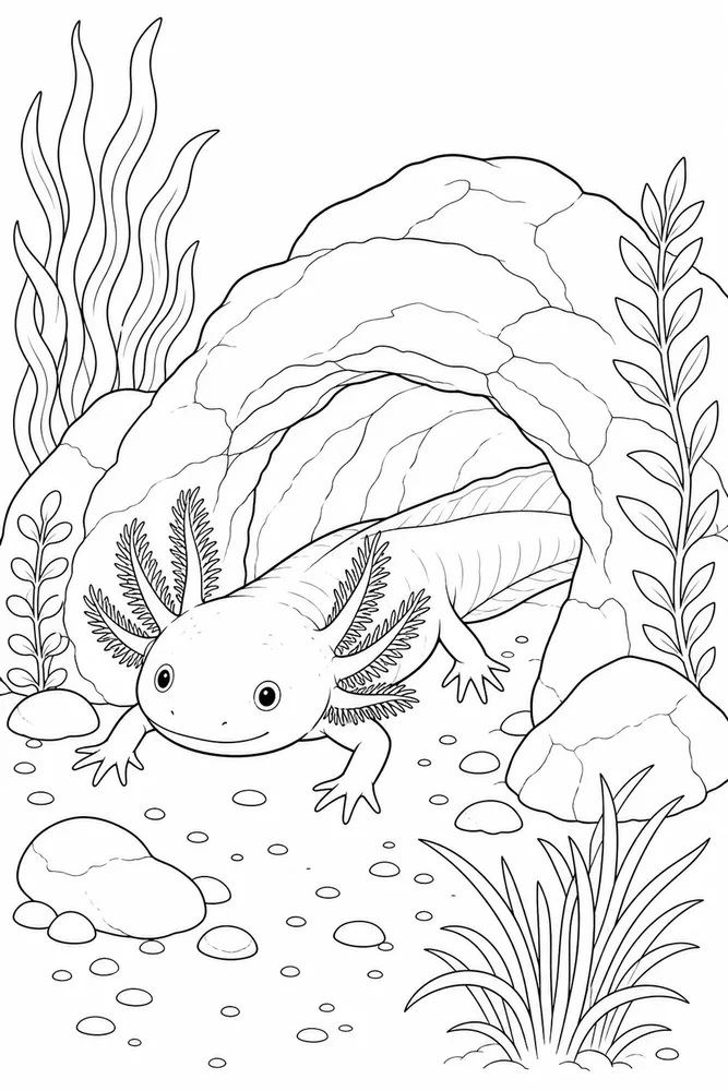 Realistic Axolotl Realistic axolotl cute rock cave coloring page