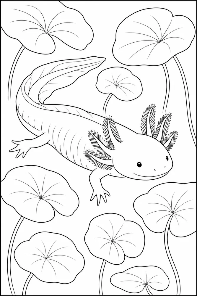 Realistic Axolotl Realistic Axolotl Floating Leaves coloring page