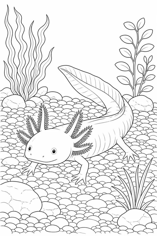Realistic Axolotl Realistic axolotl pebble floor coloring page