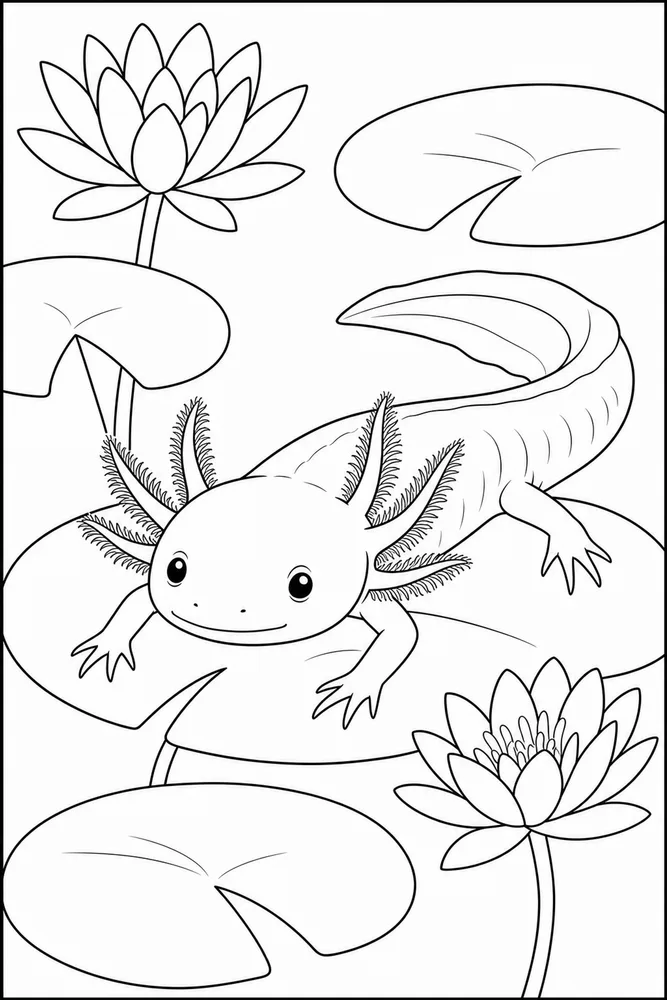 Realistic Axolotl Realistic Axolotl Water Lily coloring page