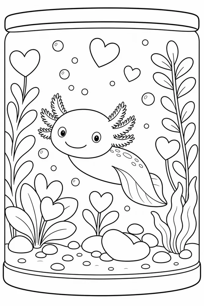 Valentine Axolotl Coloring Pages preview: Valentine Axolotl Valentine Axolotl Aquarium Plants coloring page