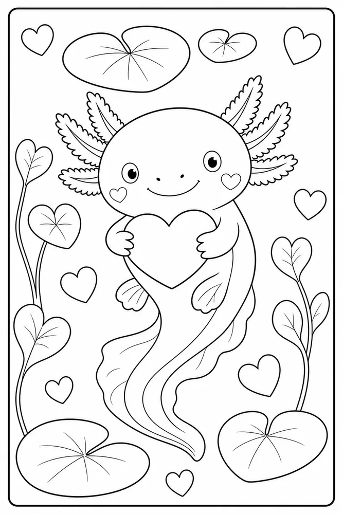 Valentine Axolotl Valentine Axolotl Floating Leaves coloring page