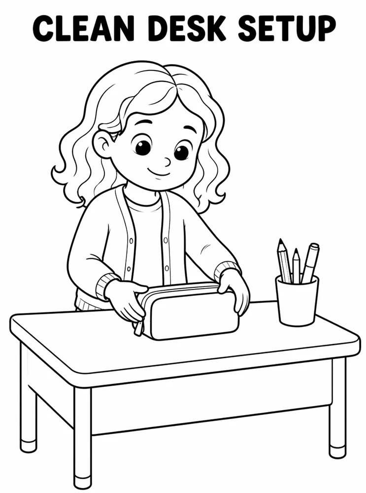 Back to School Morning Routines Clean Desk Setup printable coloring page