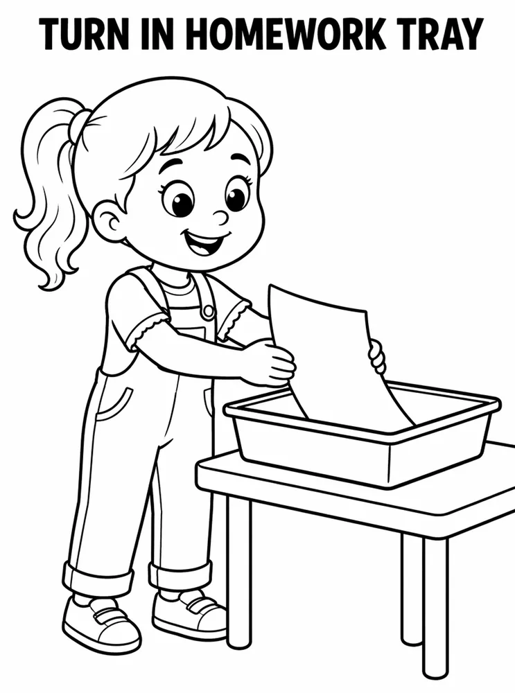 Back to School Morning Routines Turn In Homework Tray printable coloring page