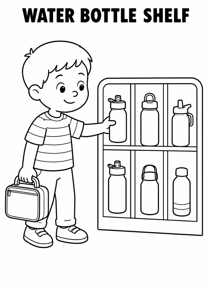 Back to School Morning Routines Water Bottle Shelf printable coloring page