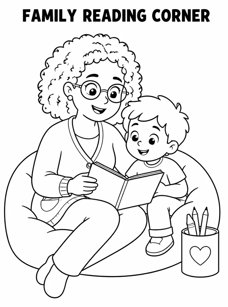 Back to School Night Family Reading Corner printable coloring page