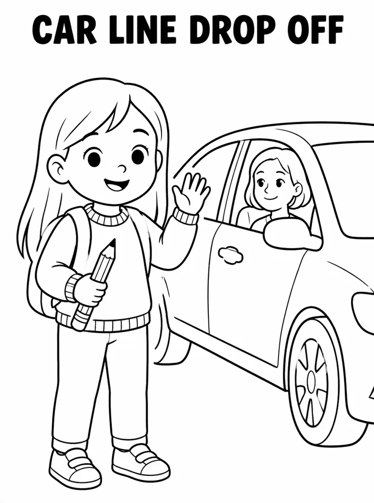 Back to School Transportation and Arrival Car Line Drop Off printable coloring page