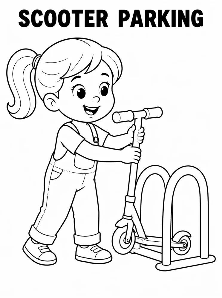 Back to School Transportation and Arrival Scooter Parking printable coloring page