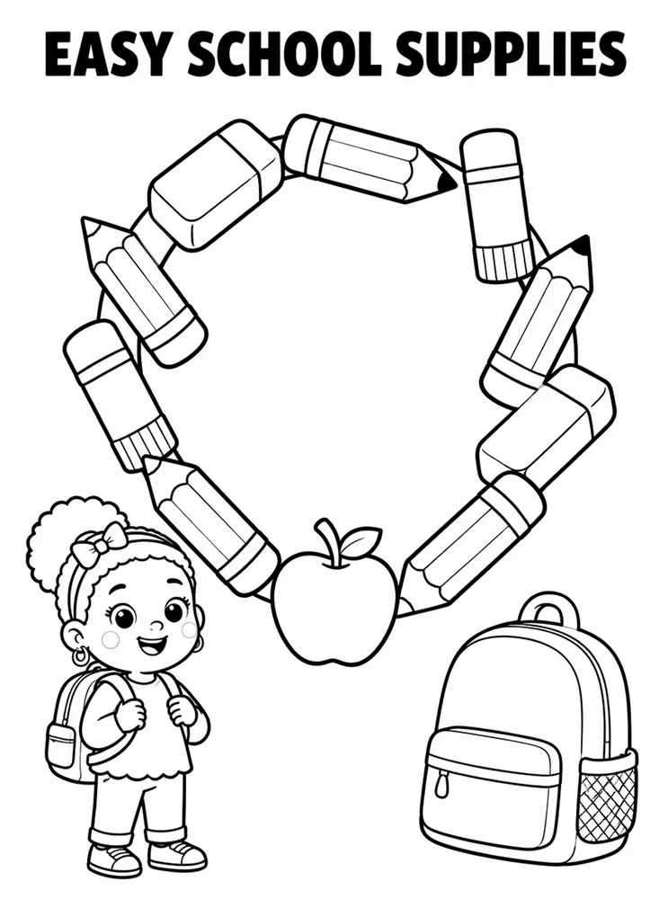 Easy Back to School Easy School Supplies Wreath printable coloring page