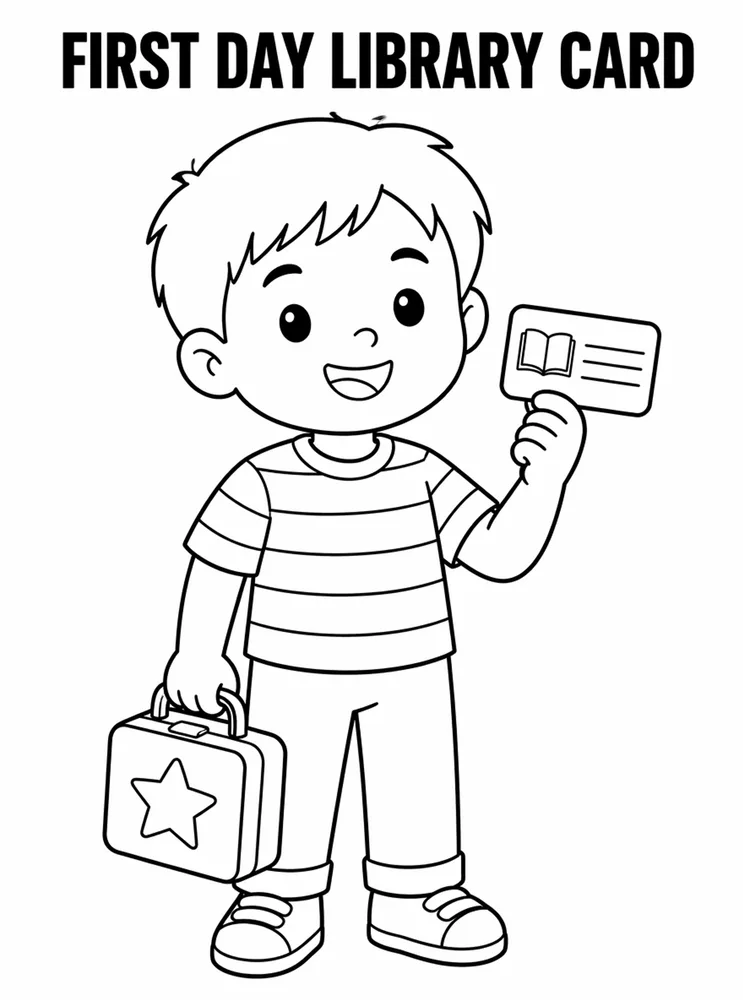 First Day of School First Day Library Card printable coloring page