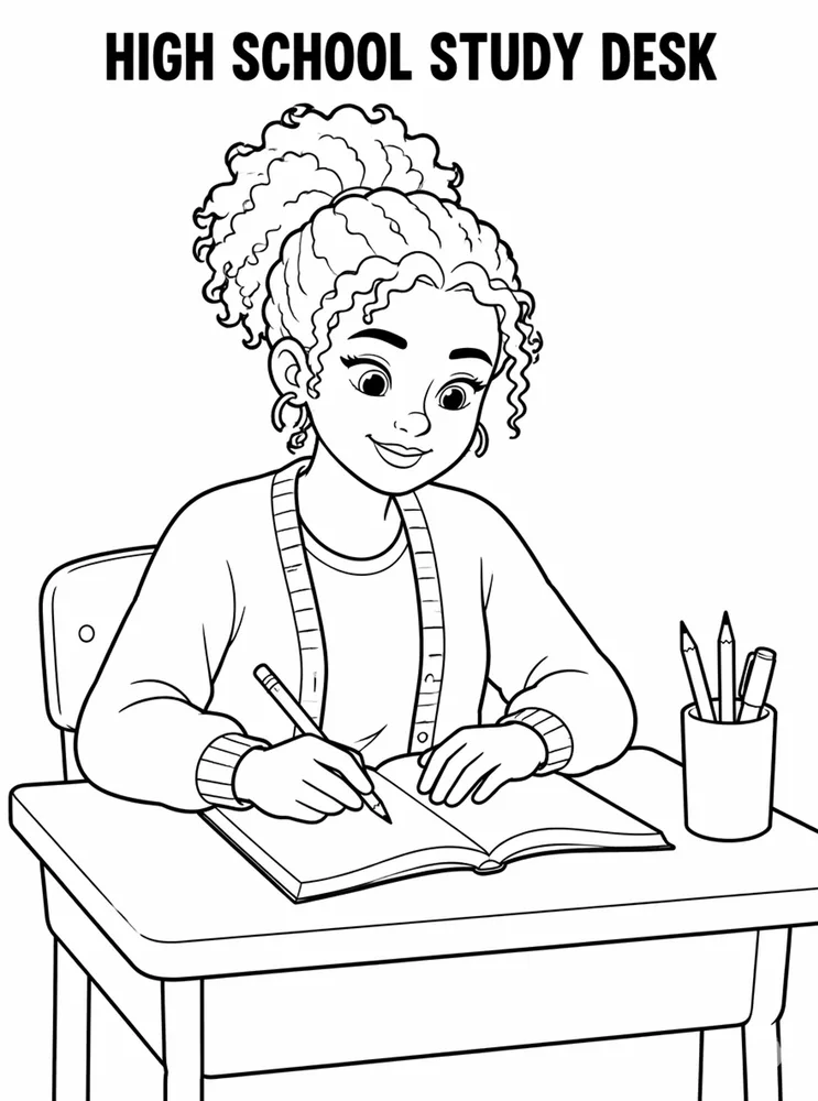 Grade Level Back to School High School Study Desk printable coloring page