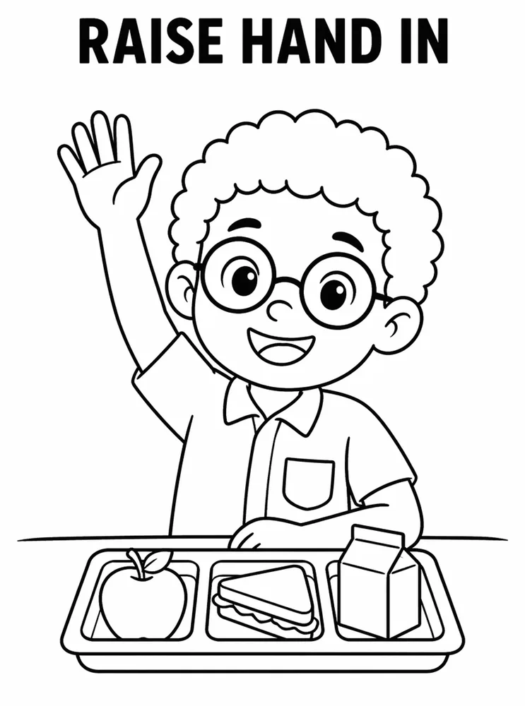Lunch Recess and School Routines Raise Hand In Cafeteria printable coloring page