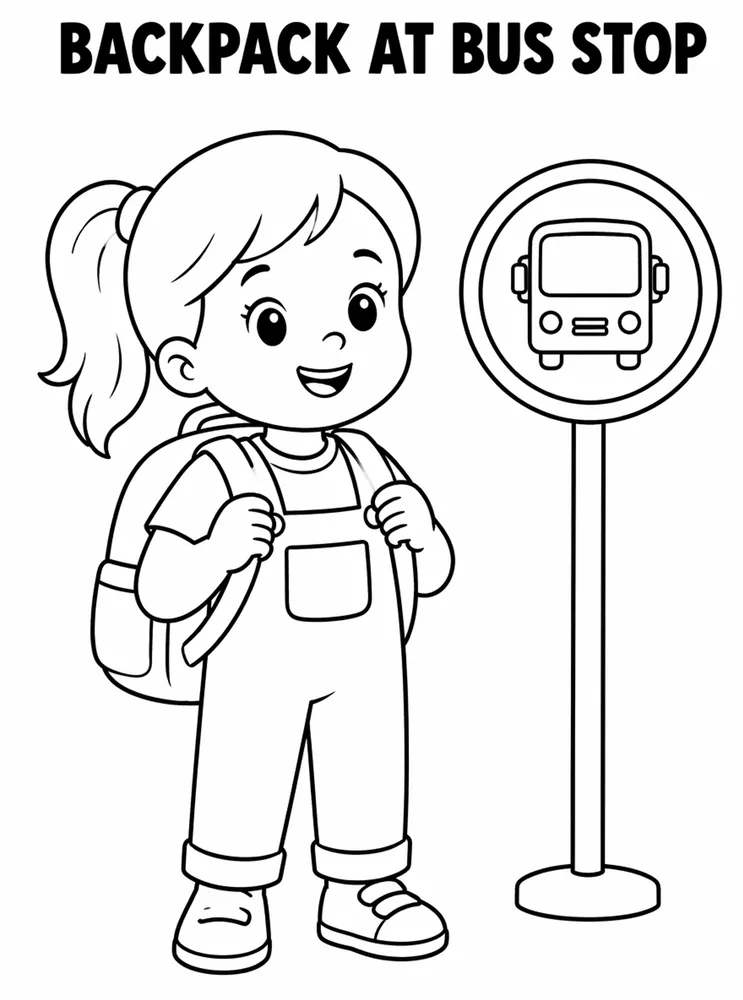Back to School Bus Backpack At Bus Stop printable coloring page