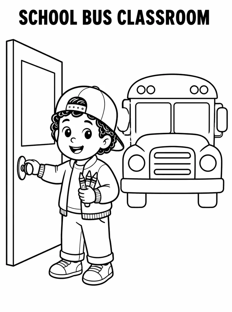 Back to School Bus School Bus And Classroom Door printable coloring page