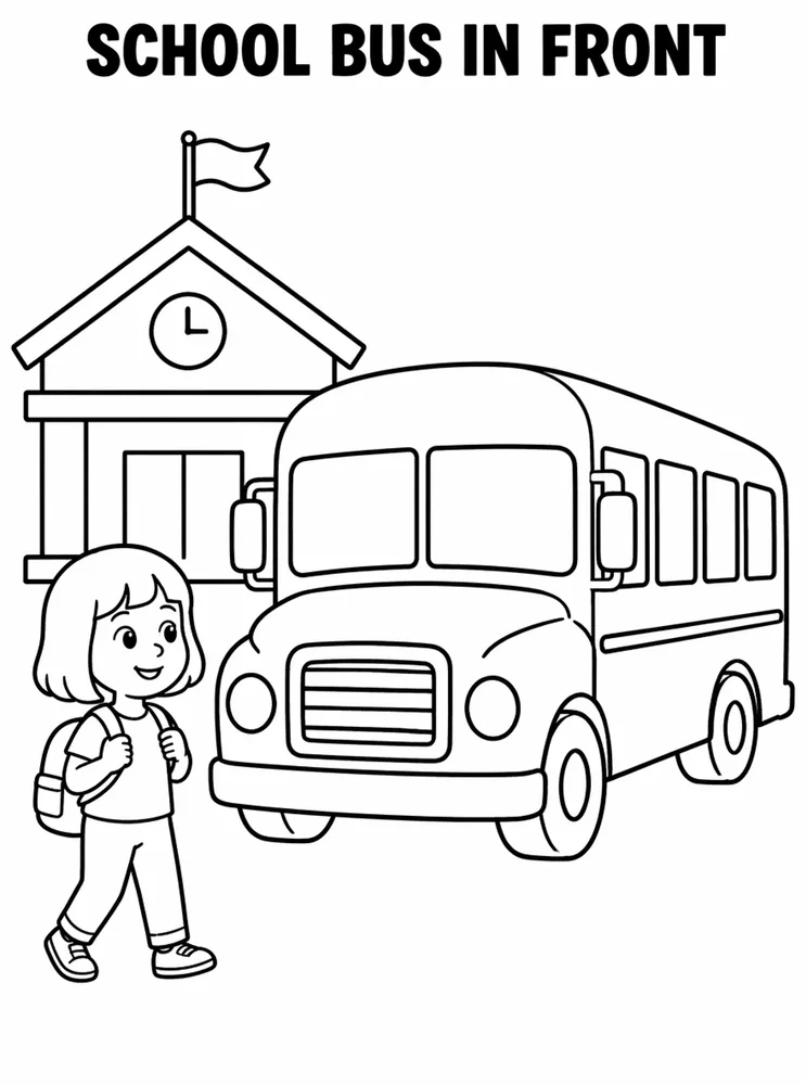 Back to School Bus School Bus In Front Of School printable coloring page