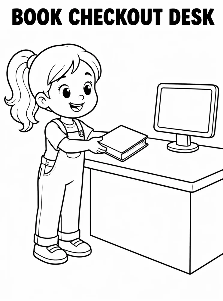 School Library and Reading Routines Book Checkout Desk printable coloring page