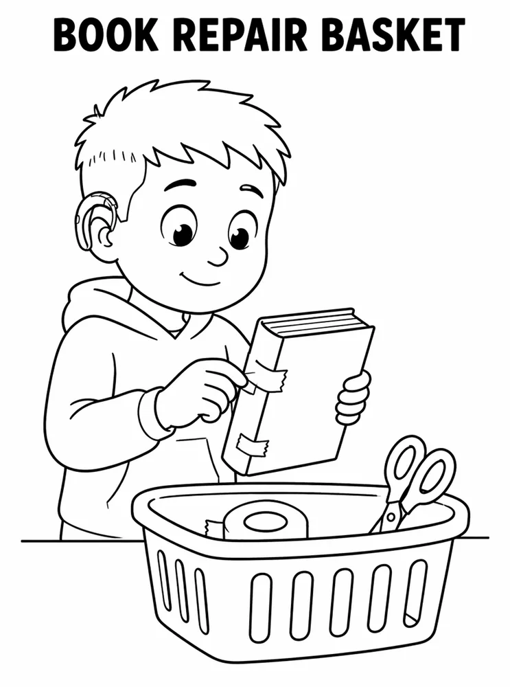 School Library and Reading Routines Book Repair Basket printable coloring page