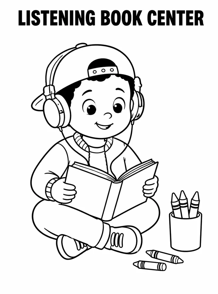 School Library and Reading Routines Listening Book Center printable coloring page
