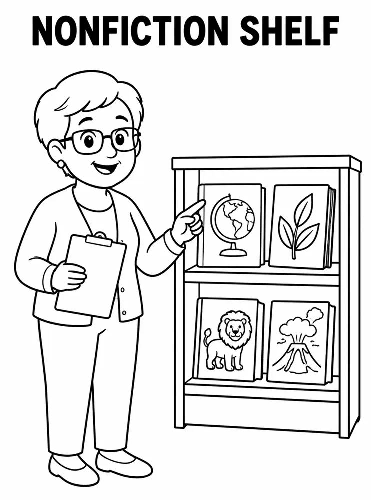 School Library and Reading Routines Nonfiction Shelf printable coloring page