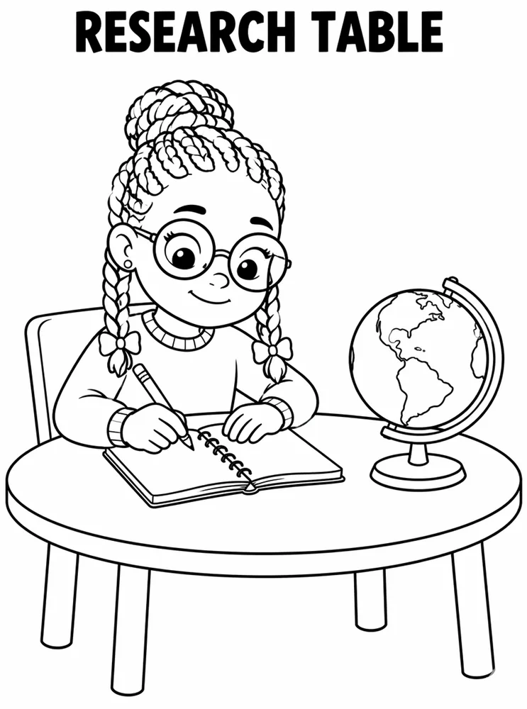 School Library and Reading Routines Research Table printable coloring page