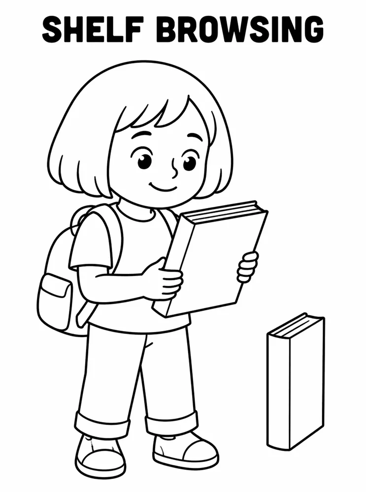 School Library and Reading Routines Shelf Browsing printable coloring page