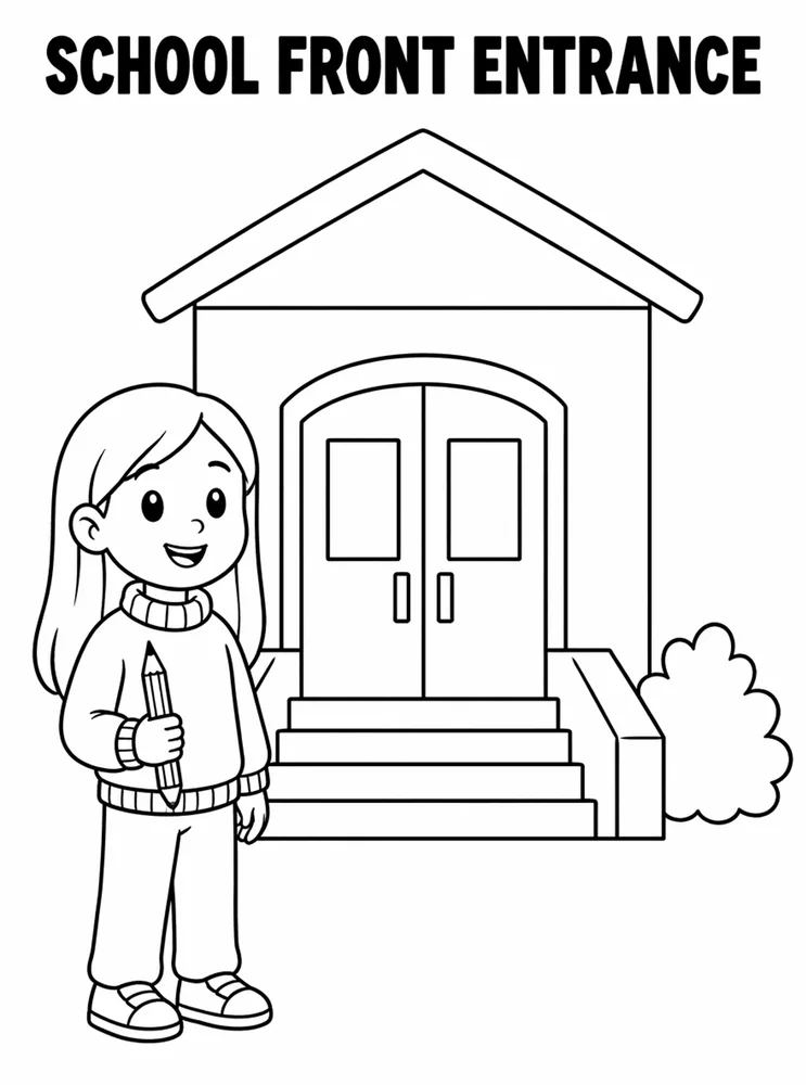 School Places and Campus Tour Coloring Pages preview: School Places and Campus Tour School Front Entrance printable coloring page