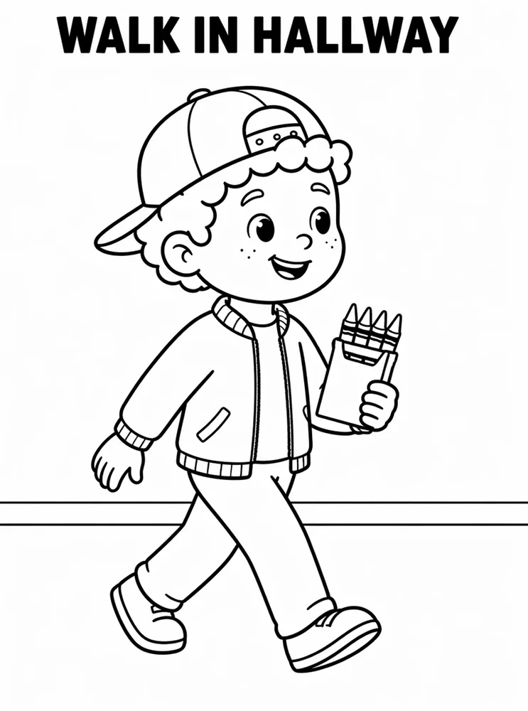 School Safety and Health Routines Walk In Hallway printable coloring page