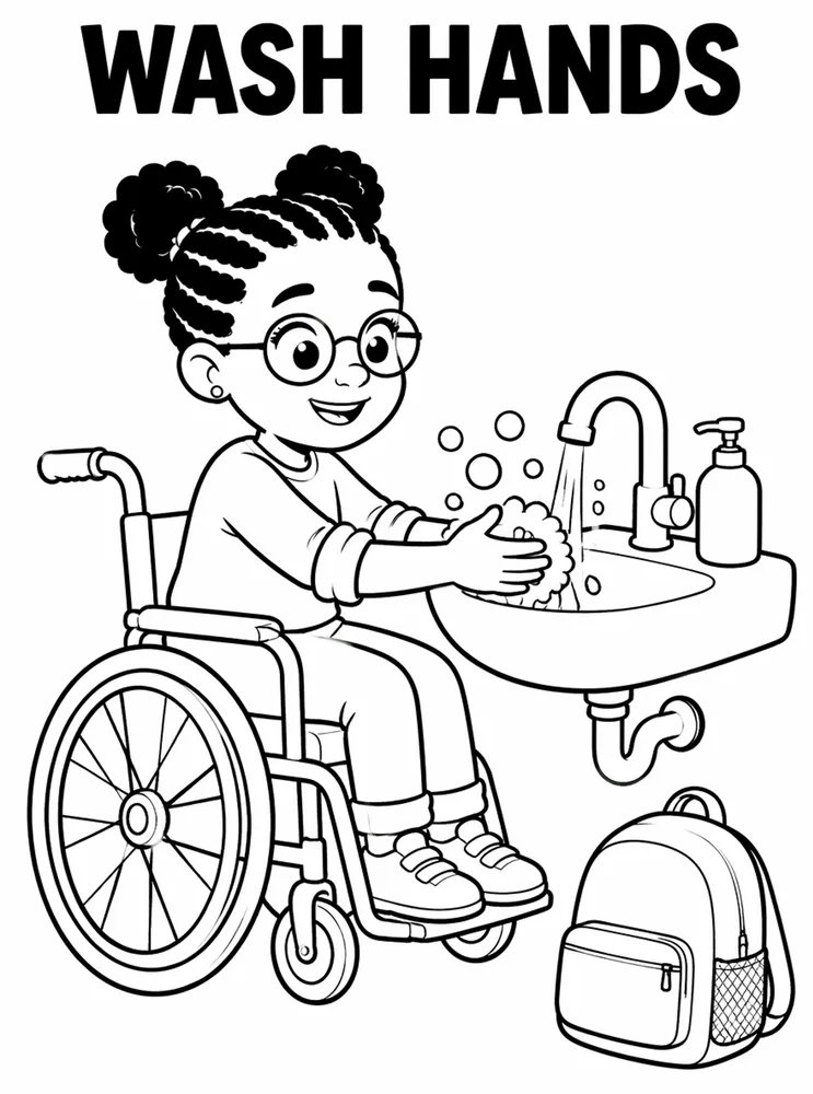 School Safety and Health Routines Coloring Pages preview: School Safety and Health Routines Wash Hands printable coloring page