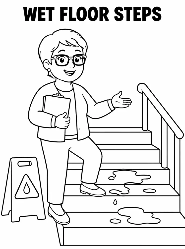 School Safety and Health Routines Wet Floor Steps printable coloring page