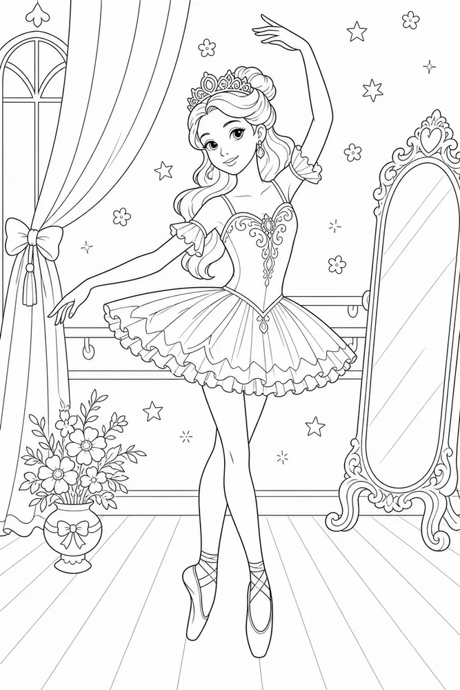 Ballerina Princess Coloring Pages preview: Ballerina Princess Ballerina princess studio pose coloring page