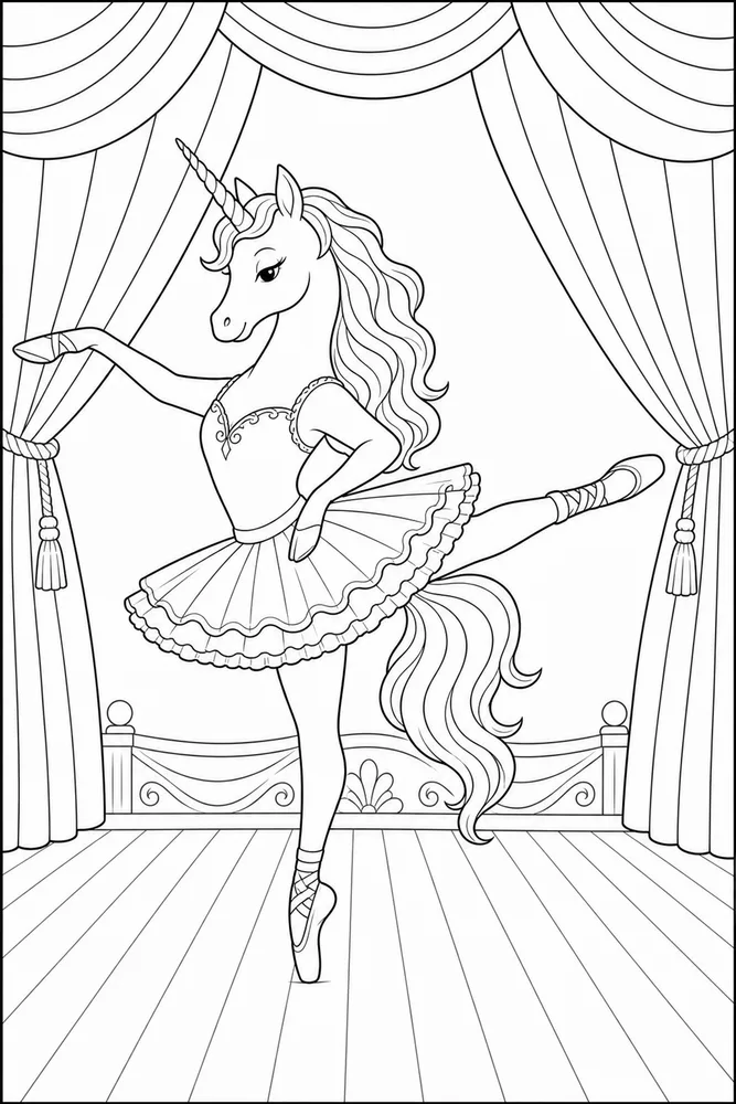 Ballerina Unicorn Ballerina unicorn curtain stage coloring page