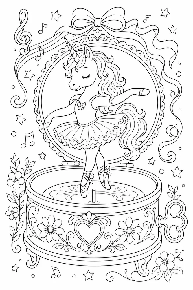 Ballerina Unicorn Ballerina unicorn music box scene coloring page