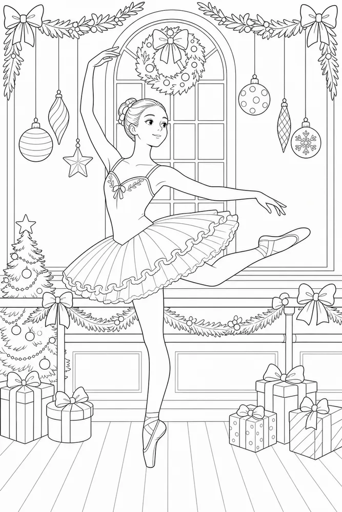 Christmas Ballerina Coloring Pages preview: Christmas Ballerina Christmas ballerina studio pose coloring page