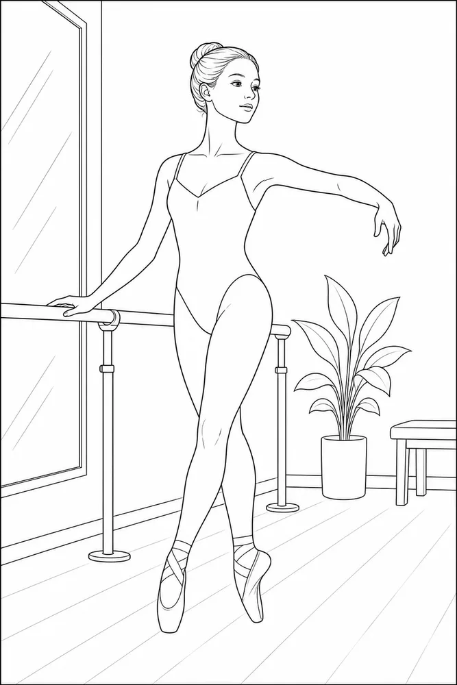 Realistic Ballerina Realistic ballerina practice barre coloring page