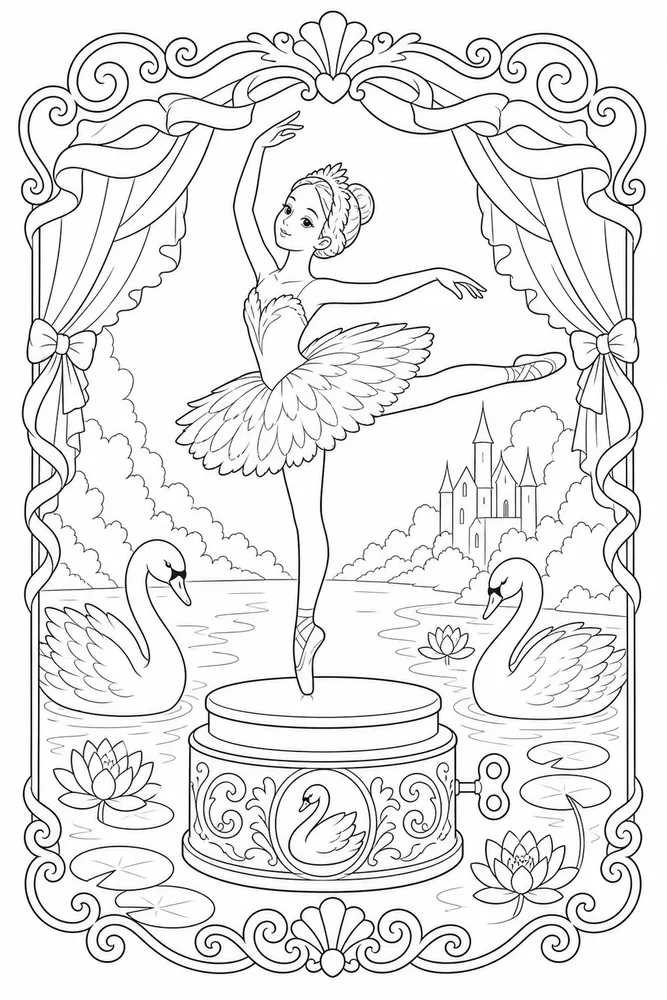 Swan Lake Ballerina Swan lake ballerina music box scene coloring page