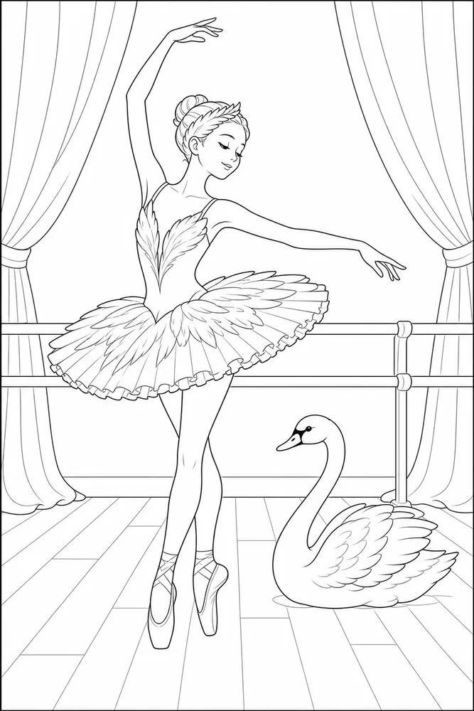 Swan Lake Ballerina Coloring Pages preview: Swan Lake Ballerina Swan lake ballerina studio pose coloring page