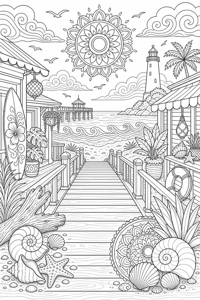 Adult Beach Boardwalk printable coloring page