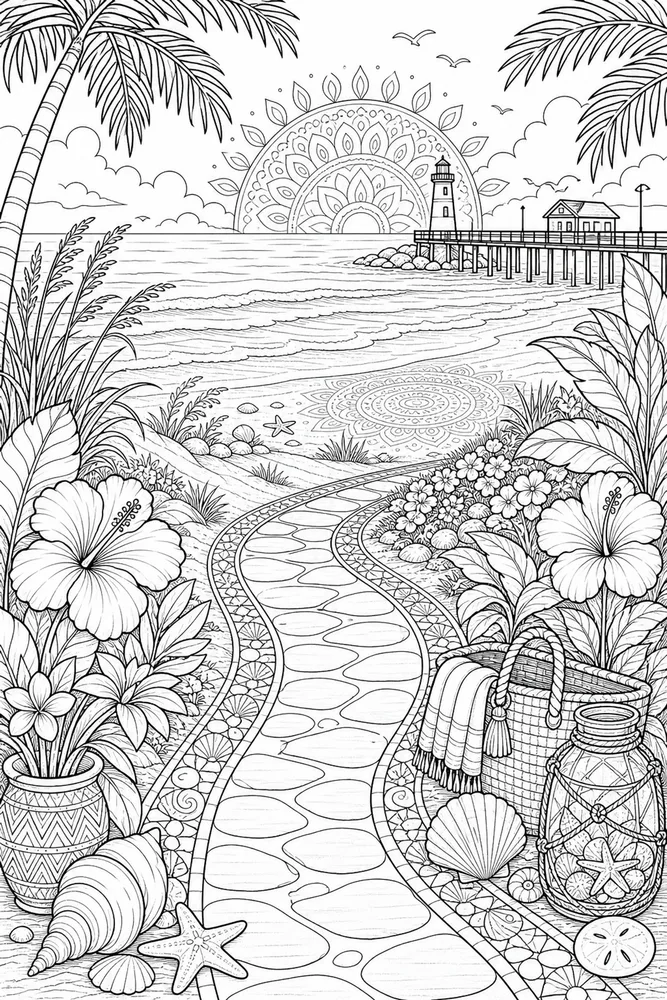 Adult Beach Coastal Garden Path printable coloring page