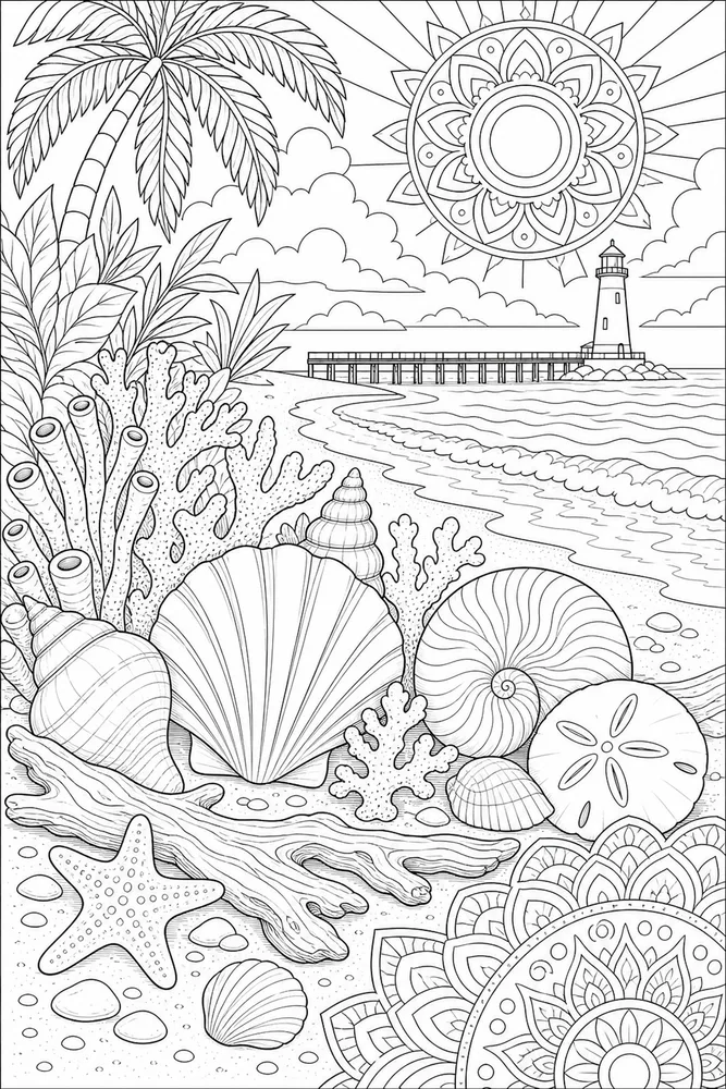 Adult Beach Coral Shells Beach Still Life printable coloring page