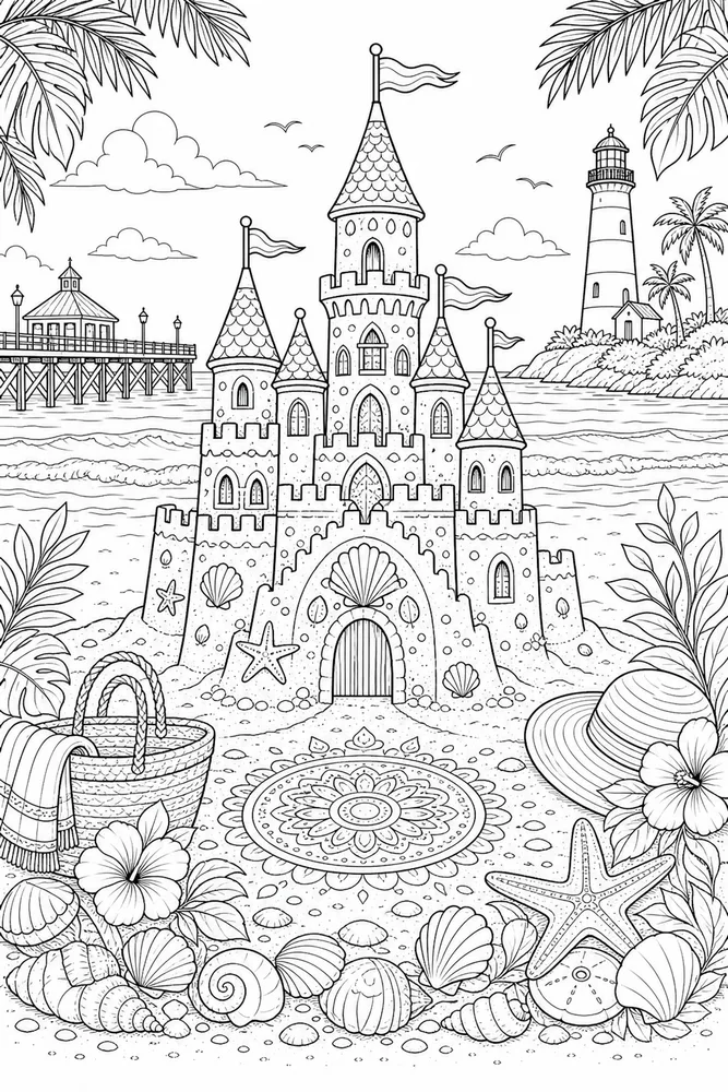 Adult Beach Detailed Sandcastle printable coloring page