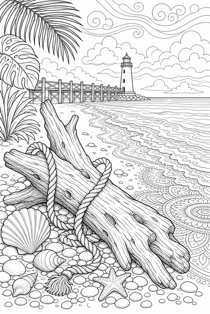 Adult Beach Driftwood Beach printable coloring page