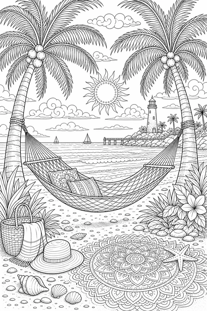 Adult Beach Hammock Palms printable coloring page