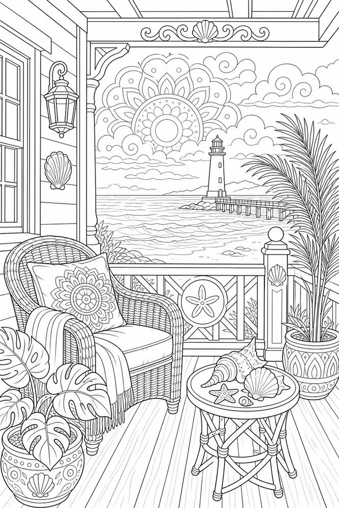 Adult Beach House Porch printable coloring page