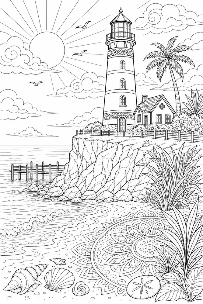 Adult Beach Lighthouse Cliff Beach printable coloring page