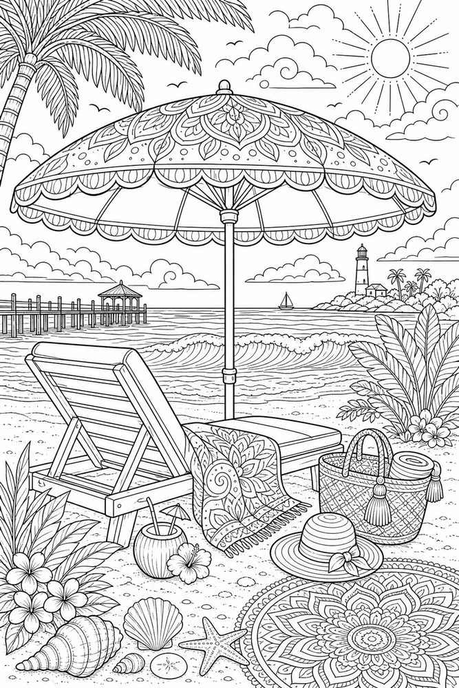Adult Beach Lounge Chair Under Umbrella printable coloring page