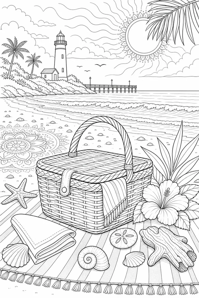Adult Beach Picnic Basket printable coloring page