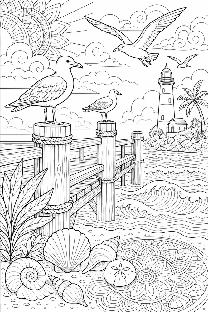 Adult Beach Pier Seagulls printable coloring page