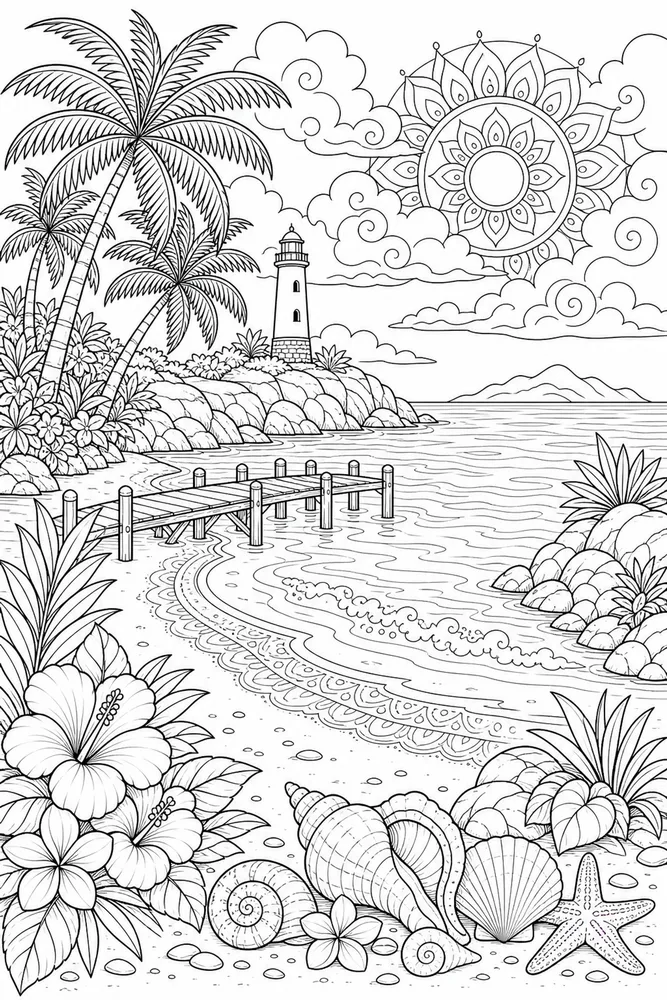 Adult Beach Quiet Tropical Cove printable coloring page